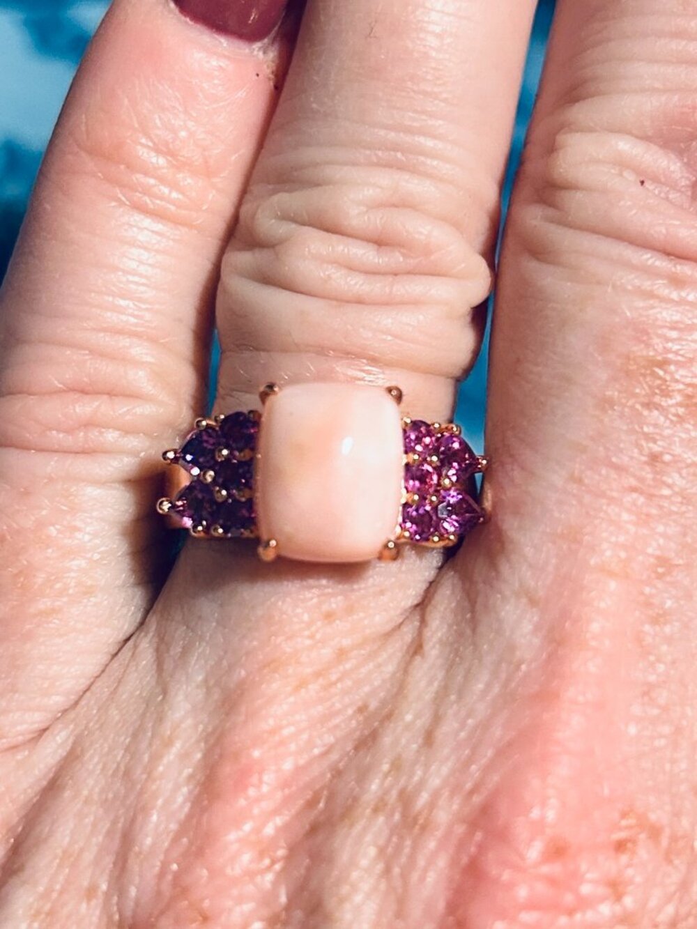 JTV Peruvian Pink Opal & Garnet Rose Gold/Sterling Silver Ring Size 7 NWT